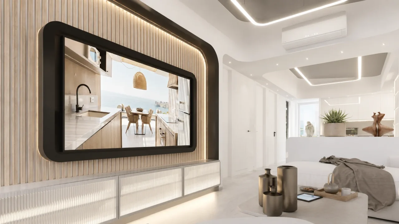 Contemporary living area with oak slat media wall