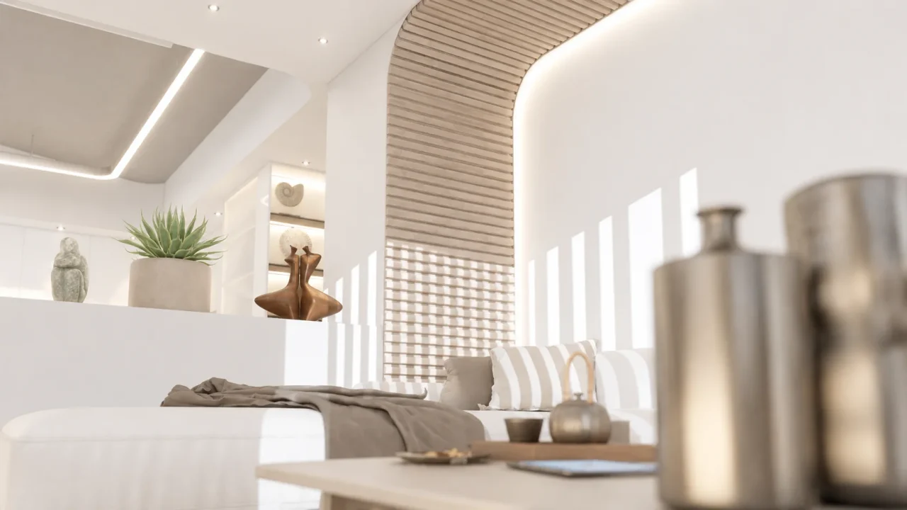 Interior detail with curved oak slat wall and LED lighting
