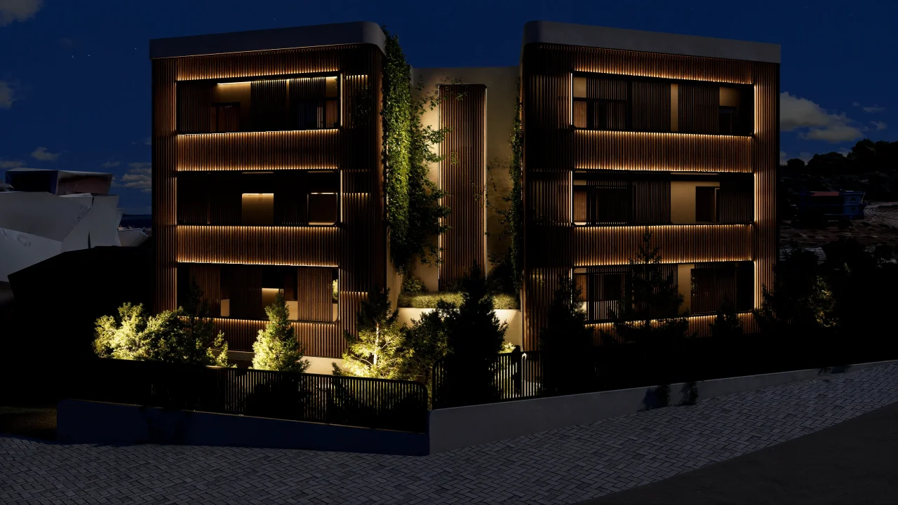 U Residences Rethymno illuminated timber facade at night