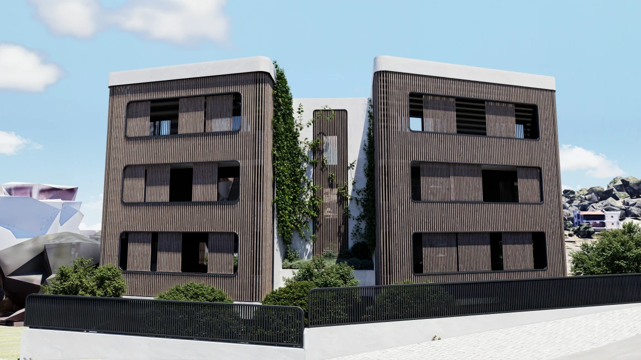 U Residences Rethymno timber-clad exterior in daylight
