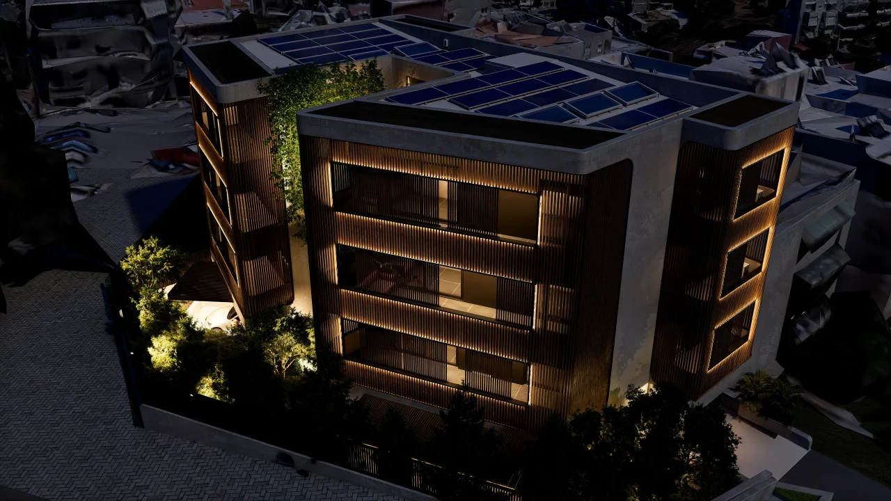 Aerial night view of U Residences Rethymno with solar panels